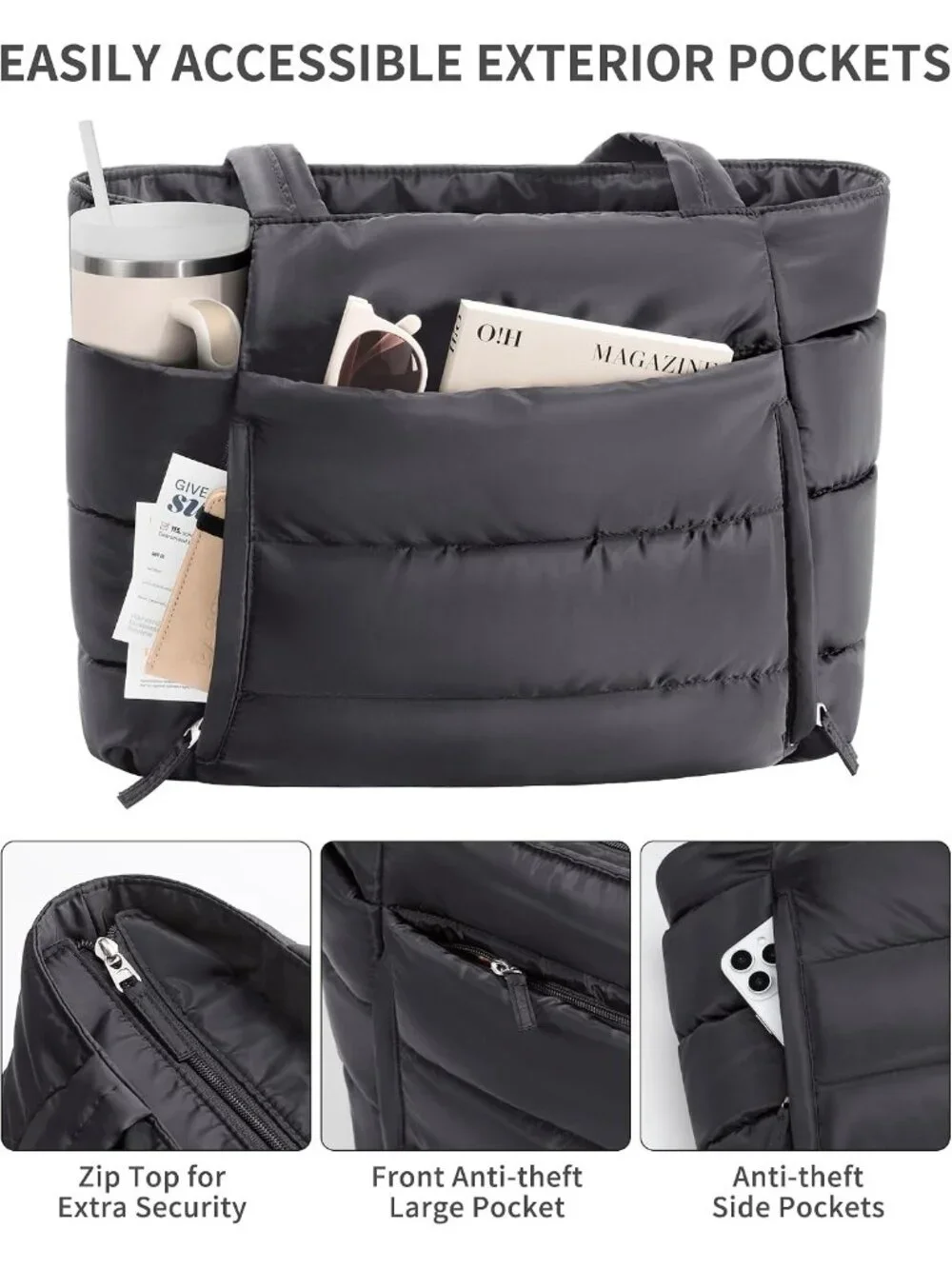 👜Women's Charcoal Gray Puffer Tote Bag 16 Pocket Work Gym Travel Laptop Handbag